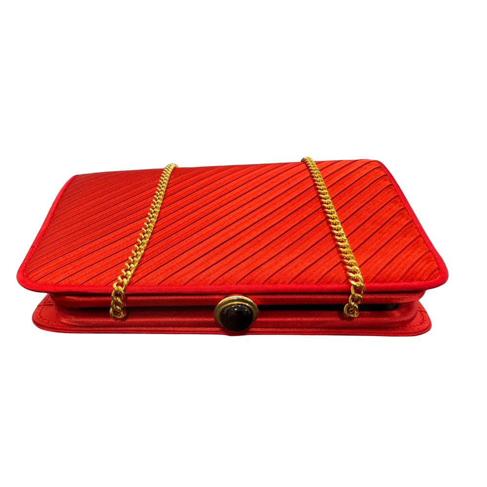 Bloomingdales Vintage Red Satin Ribbed Clutch Purse Gold Chain Evening Bag VTG